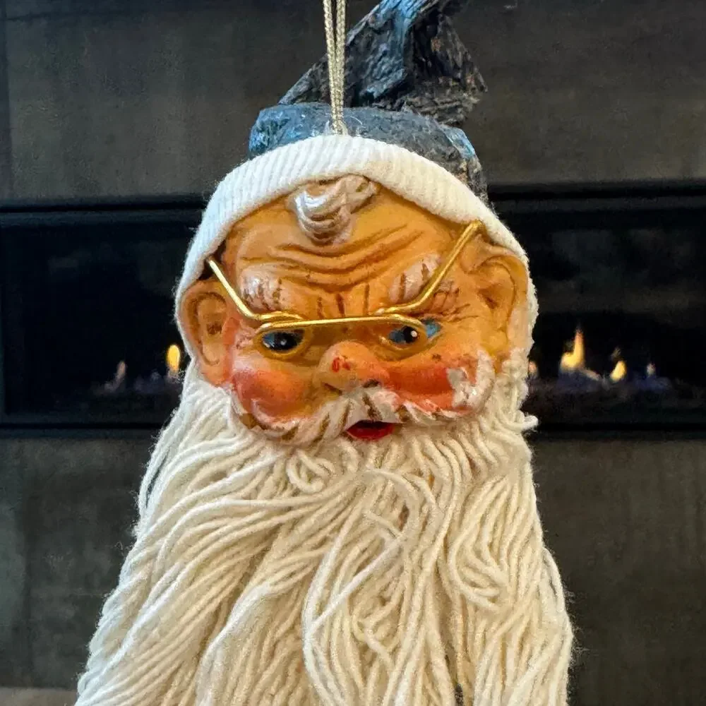 Vintage Santa Claus Head Ornaments Wire Glasses Mop String Beard Set of 3 Retro